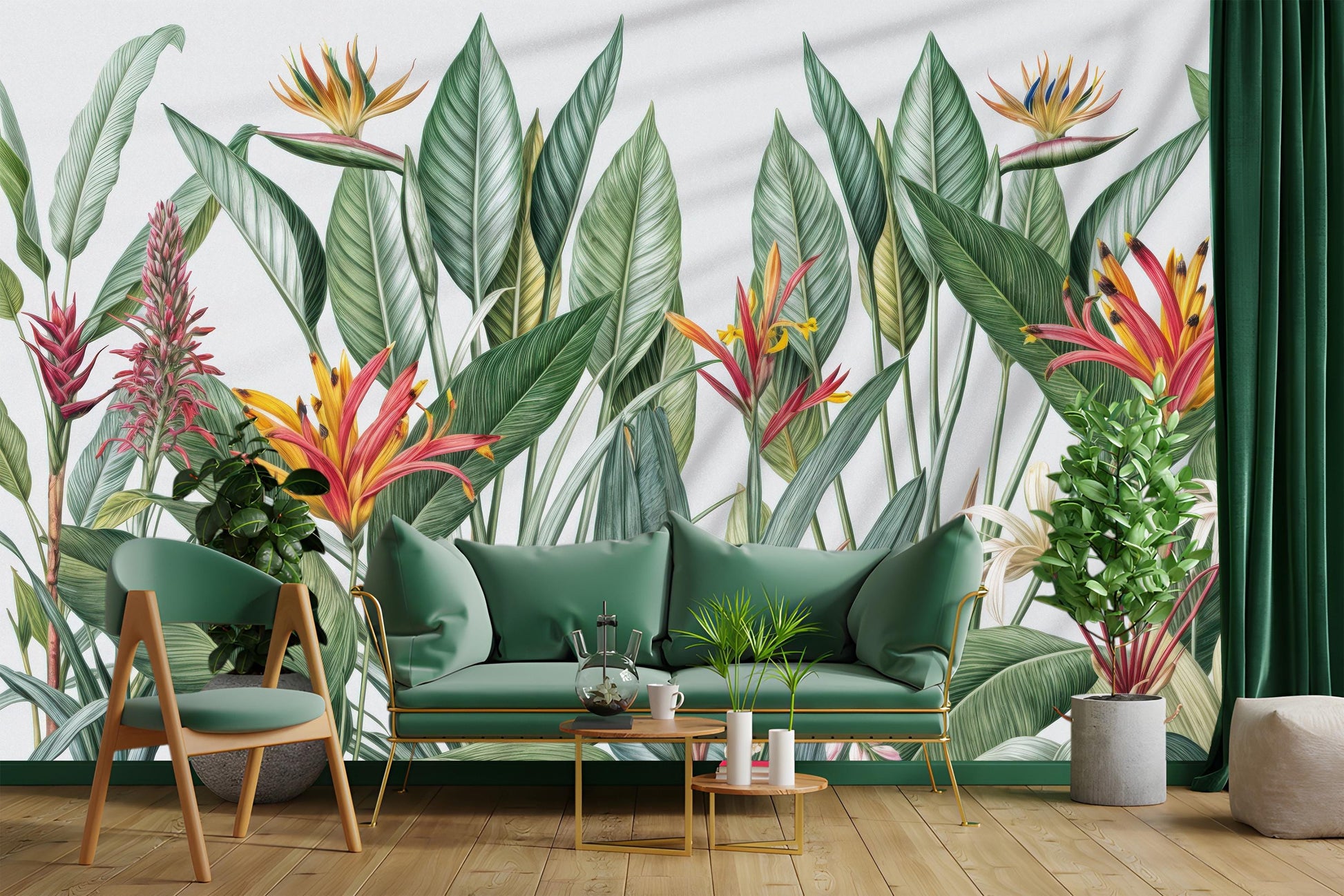 Tropical Floral Exotic Bird Floral Wallpaper – room setting, Golden Era Walls