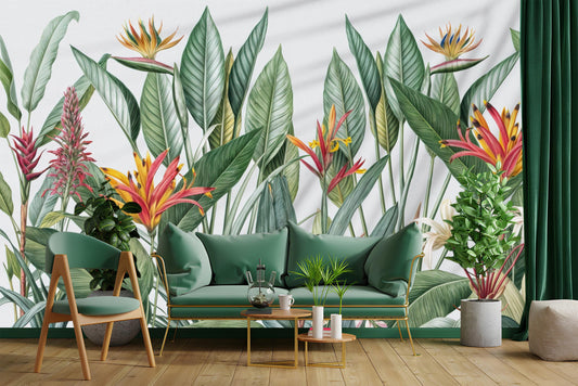 Tropical Floral Exotic Bird Floral Wallpaper – room setting, Golden Era Walls