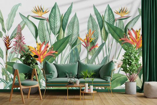 Bird Paradise Tropical Exotic Floral Wallpaper – lifestyle view, Golden Era Walls
