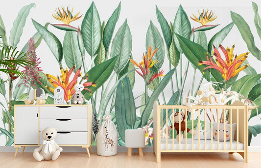 Bird Paradise Tropical Exotic Floral Wallpaper – room setting, Golden Era Walls