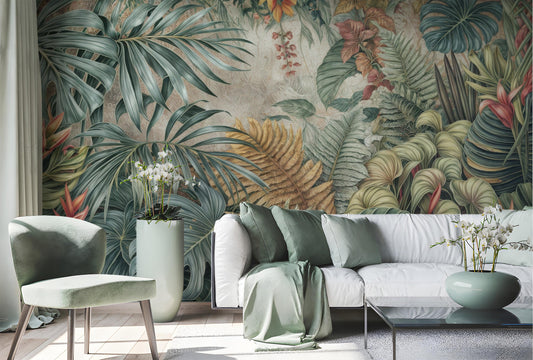 Lush Tropical Palm Leaf Floral Wallpaper – detail view, Golden Era Walls