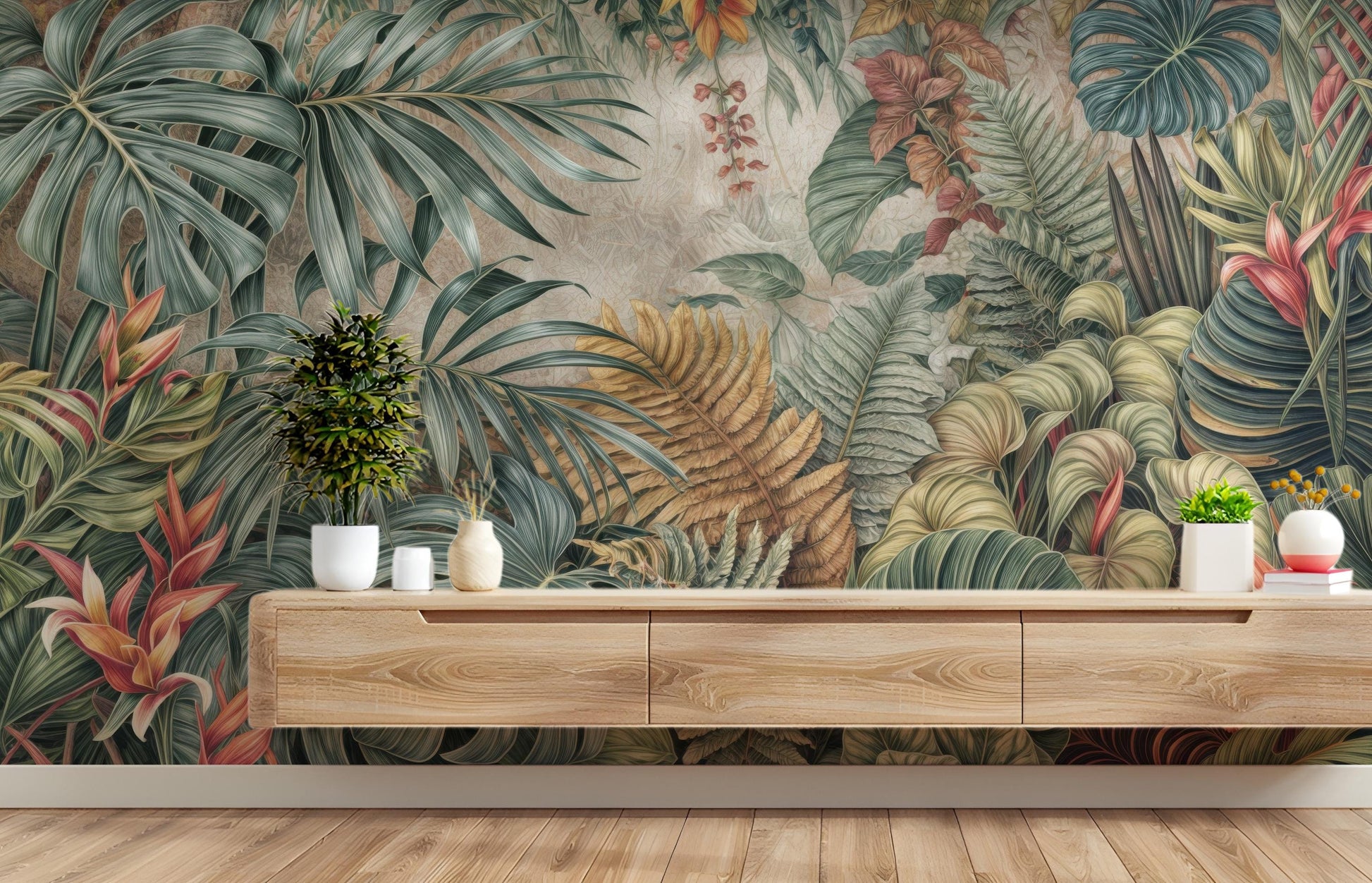 Lush Tropical Palm Leaf Floral Wallpaper – room setting, Golden Era Walls
