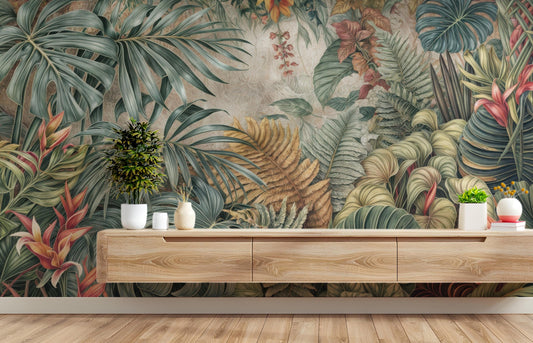 Lush Tropical Palm Leaf Floral Wallpaper – room setting, Golden Era Walls