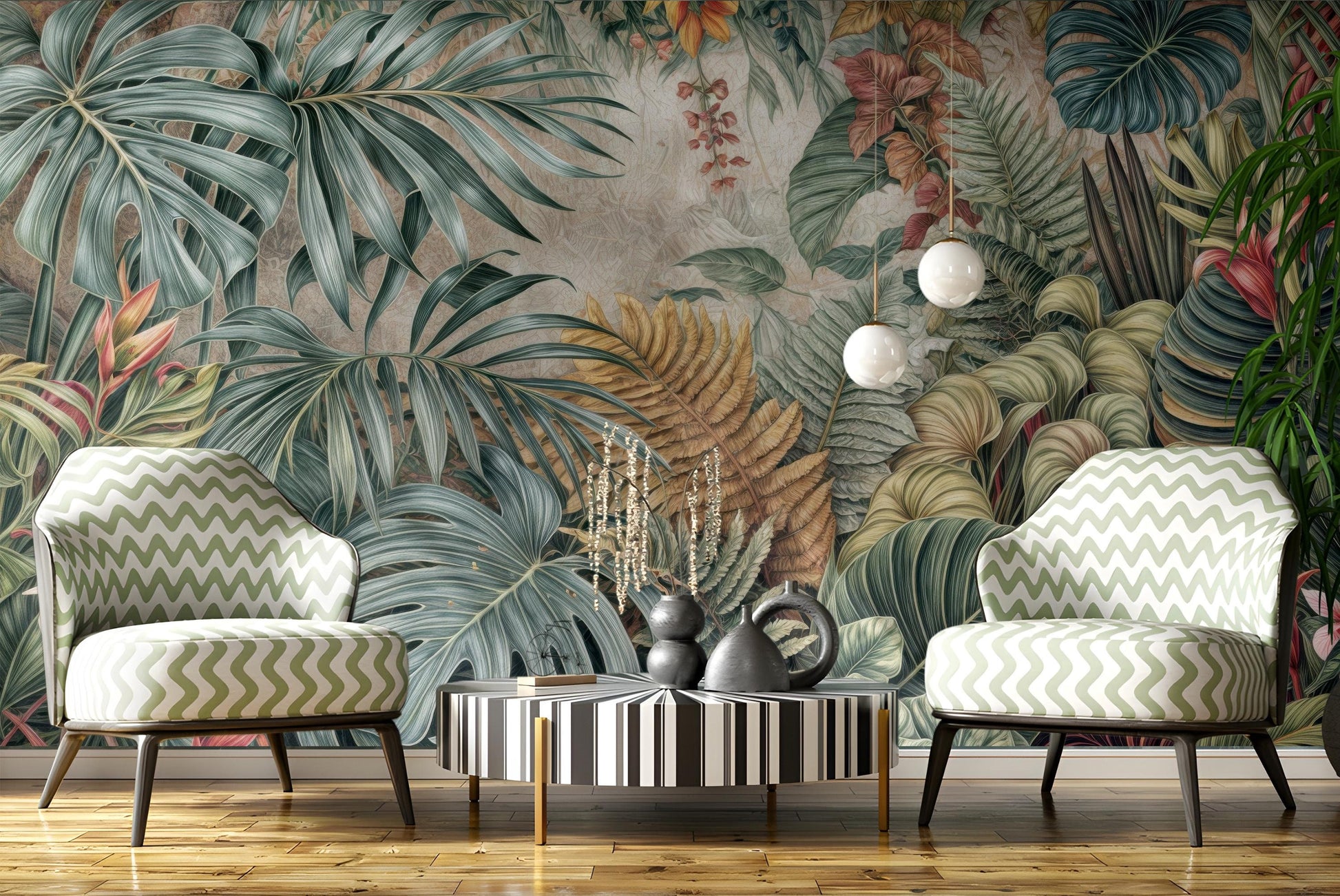 Lush Tropical Palm Leaf Floral Wallpaper – peel and stick wallpaper mural, Golden Era Walls