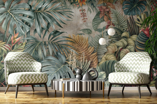 Lush Tropical Palm Leaf Floral Wallpaper – peel and stick wallpaper mural, Golden Era Walls