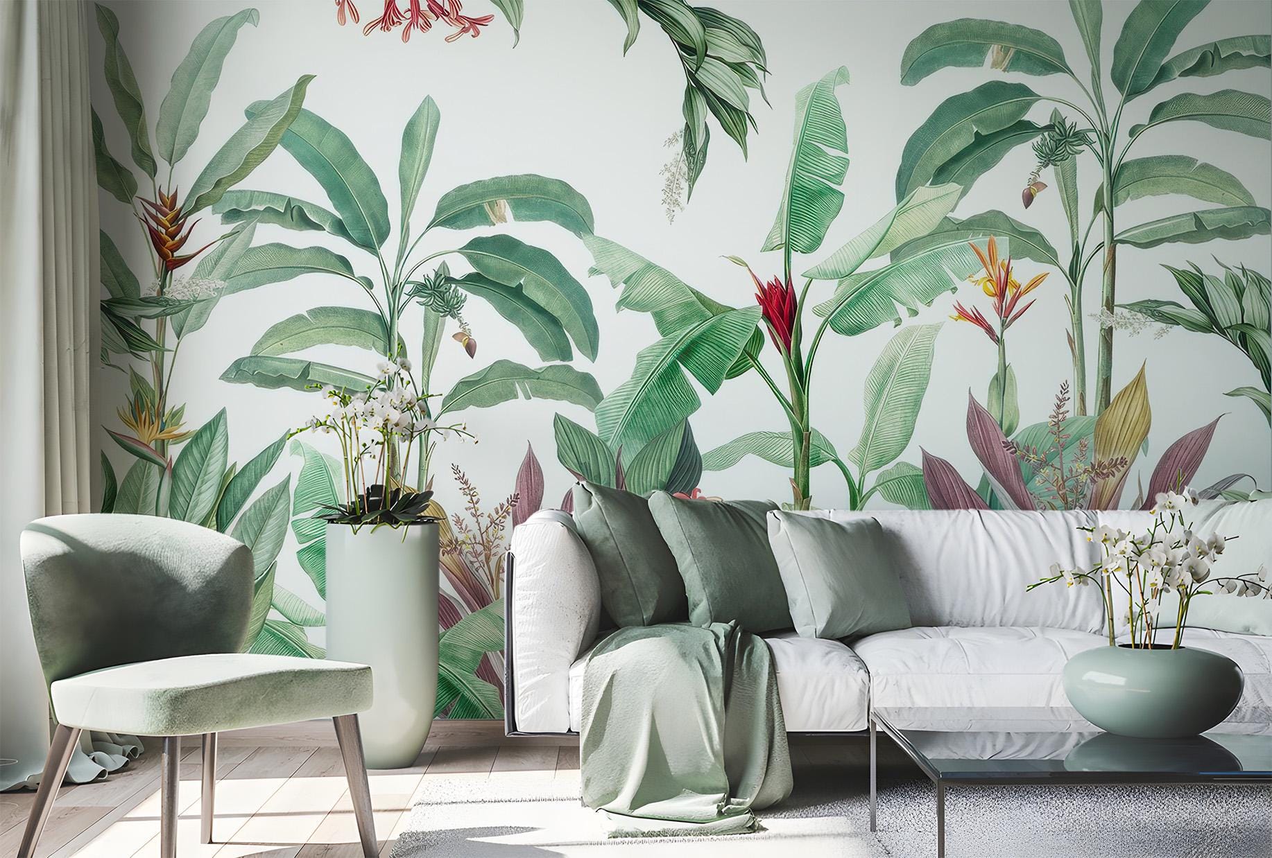 Banana Leaf Tropical Botanical Floral Wallpaper – room setting, Golden Era Walls