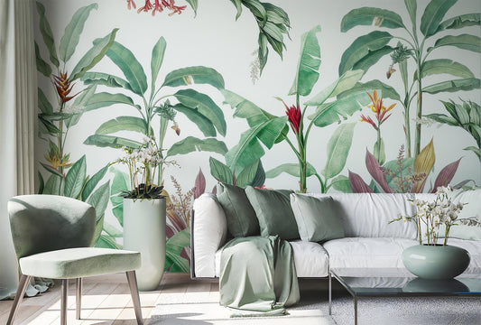 Banana Leaf Tropical Botanical Floral Wallpaper – room setting, Golden Era Walls