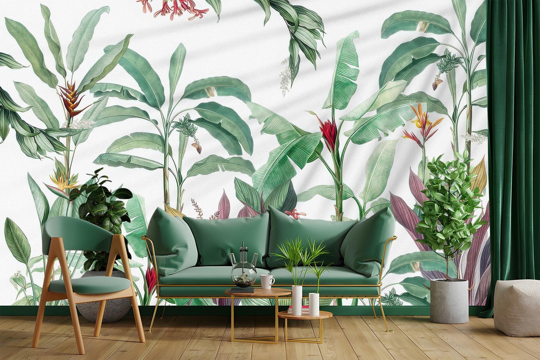 Banana Leaf Tropical Botanical Floral Wallpaper – peel and stick wallpaper mural, Golden Era Walls