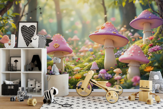 Mushroom Fairycore Forest Enchanted Wallpaper – room setting, Golden Era Walls
