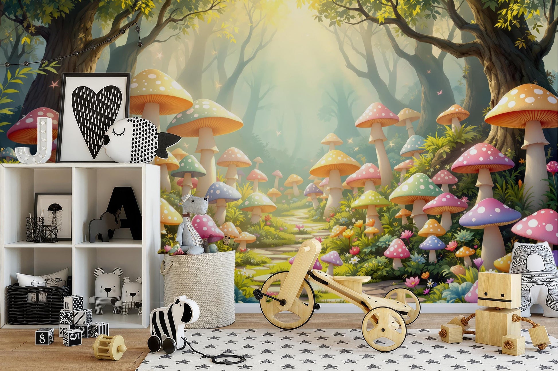 Mushroom Forest Fairy Tale Wallpaper – peel and stick wallpaper mural, Golden Era Walls
