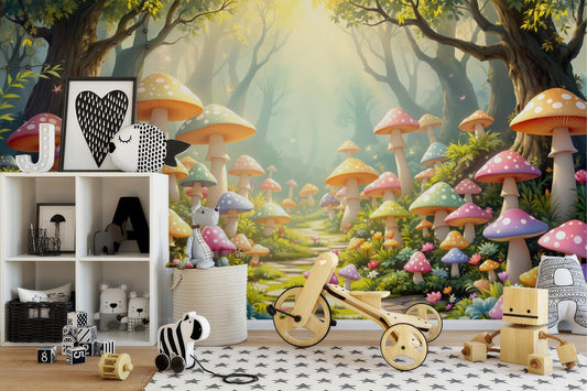Mushroom Forest Fairy Tale Wallpaper – peel and stick wallpaper mural, Golden Era Walls
