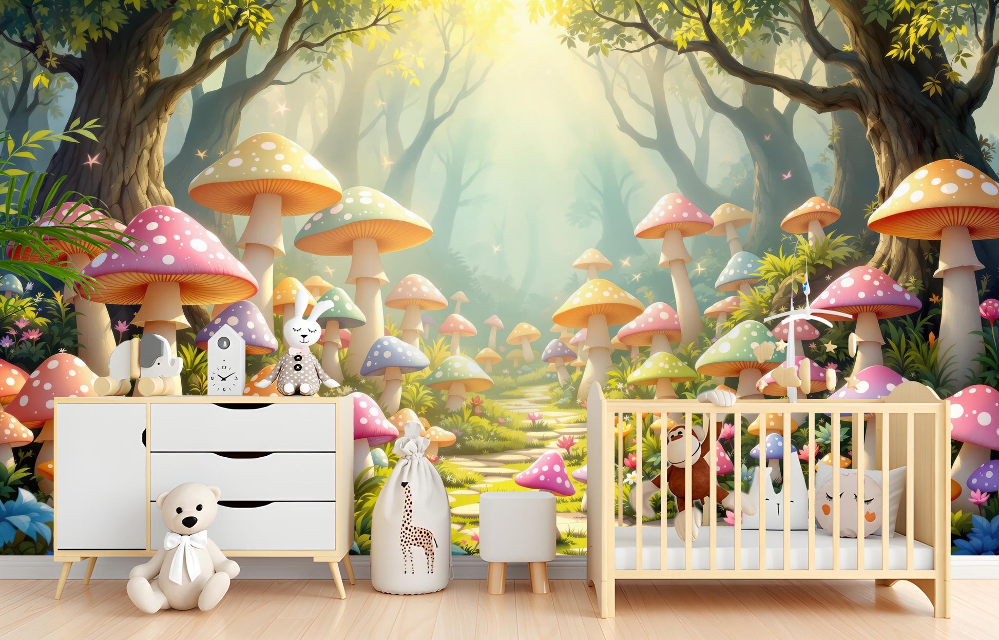Mushroom Forest Fairy Tale Wallpaper – scale reference, Golden Era Walls