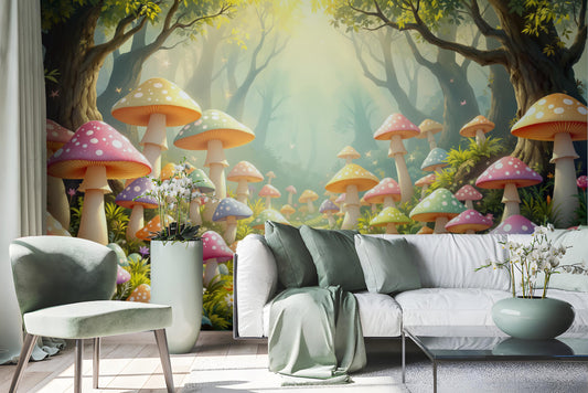 Mushroom Forest Fairy Tale Wallpaper – detail view, Golden Era Walls