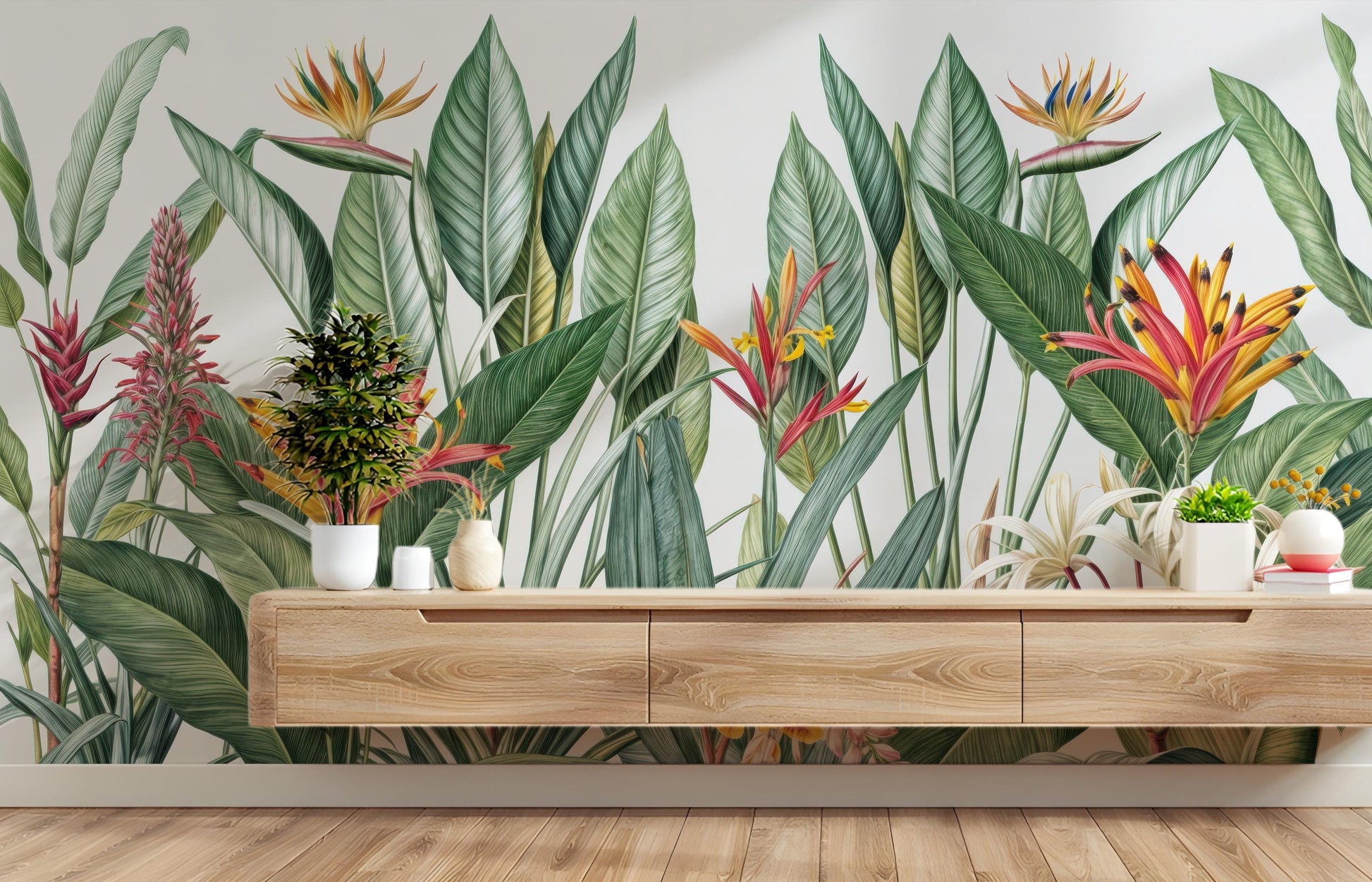 Tropical Floral Exotic Bird Floral Wallpaper – lifestyle view, Golden Era Walls