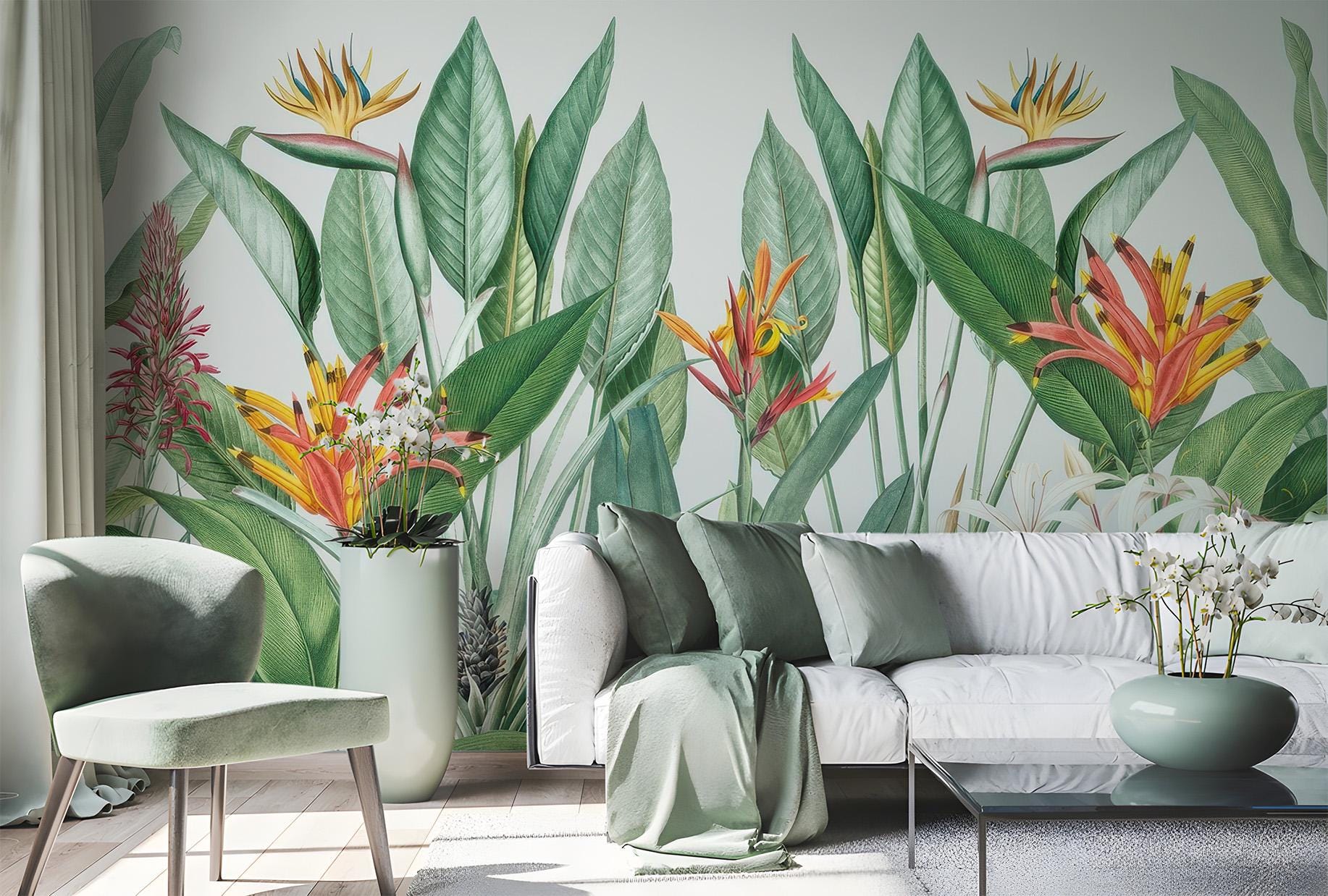Bird Paradise Tropical Exotic Floral Wallpaper – detail view, Golden Era Walls
