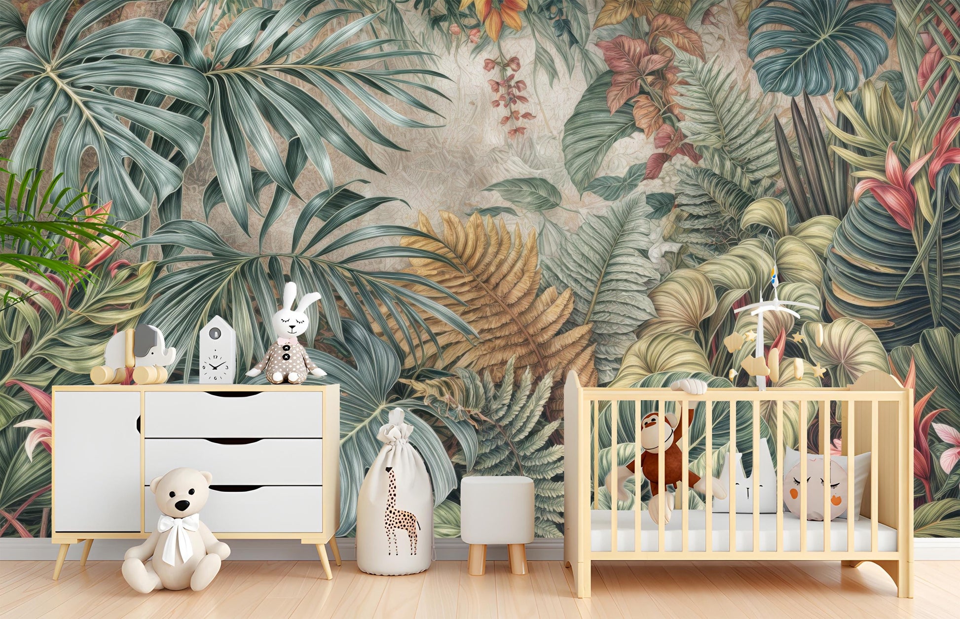 Lush Tropical Palm Leaf Floral Wallpaper – scale reference, Golden Era Walls