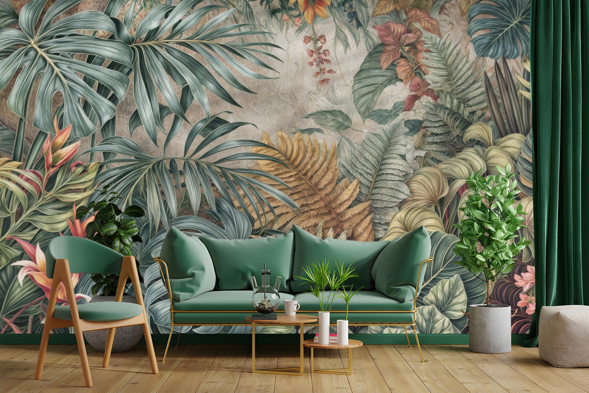 Lush Tropical Palm Leaf Floral Wallpaper – lifestyle view, Golden Era Walls