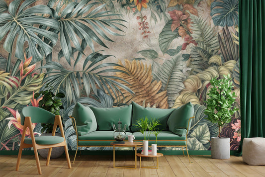 Lush Tropical Palm Leaf Floral Wallpaper – lifestyle view, Golden Era Walls