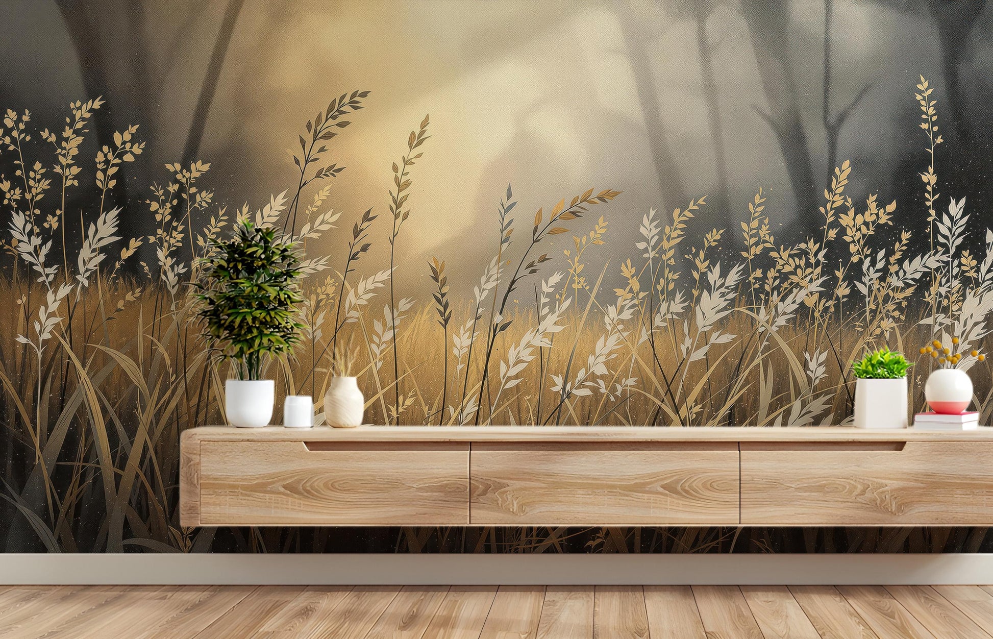 Golden Wheat Field Nature Floral Wallpaper – room setting, Golden Era Walls