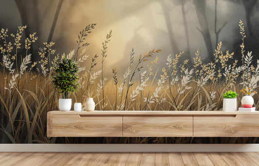 Golden Wheat Field Nature Floral Wallpaper – room setting, Golden Era Walls