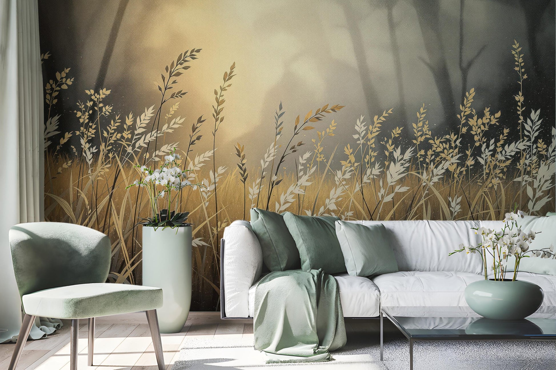 Golden Wheat Field Nature Floral Wallpaper – lifestyle view, Golden Era Walls