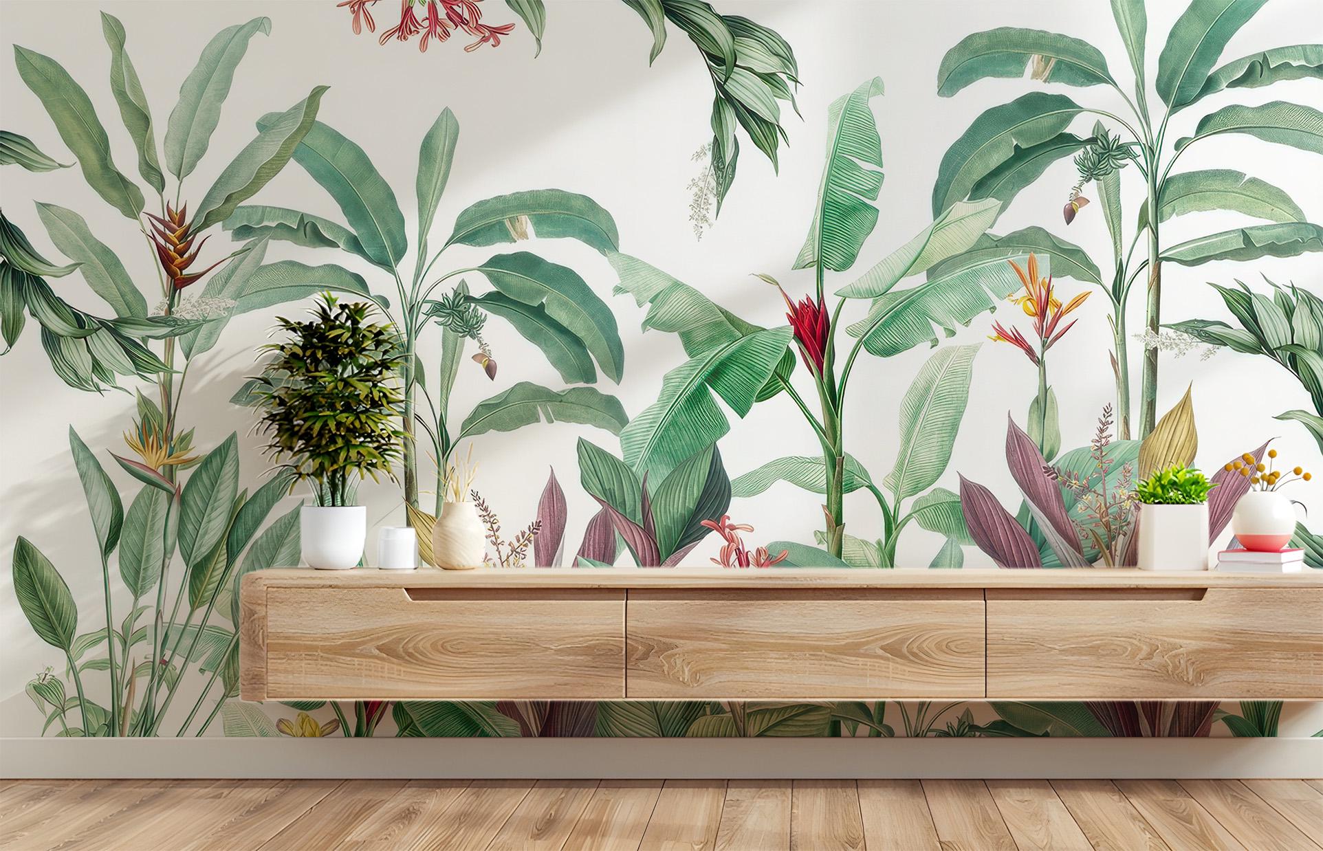 Banana Leaf Tropical Botanical Floral Wallpaper – lifestyle view, Golden Era Walls