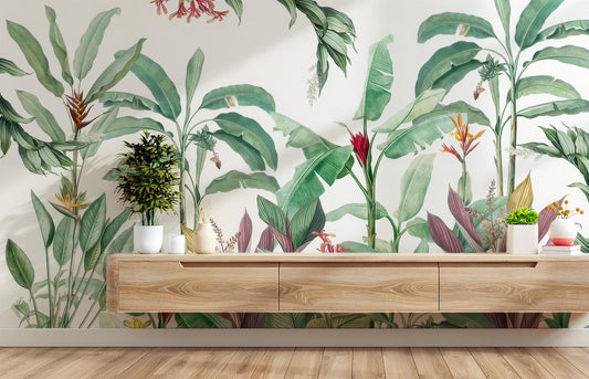 Banana Leaf Tropical Botanical Floral Wallpaper – lifestyle view, Golden Era Walls