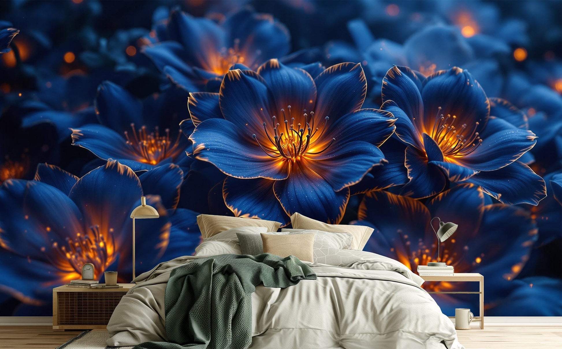 Luxury Flower Deep Blue Floral Wallpaper – peel and stick wallpaper mural, Golden Era Walls