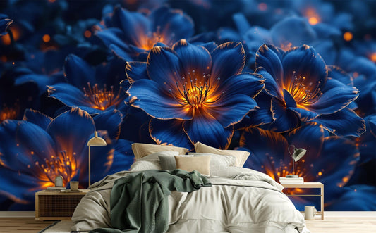 Luxury Flower Deep Blue Floral Wallpaper – peel and stick wallpaper mural, Golden Era Walls