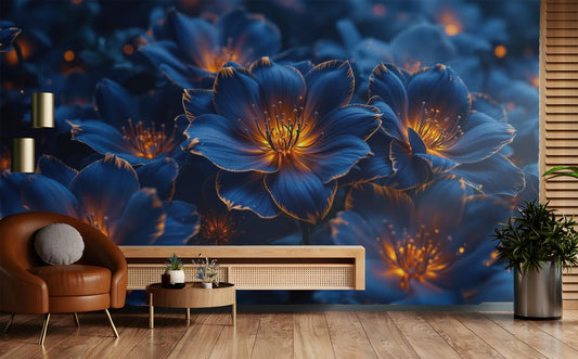 Luxury Flower Deep Blue Floral Wallpaper – detail view, Golden Era Walls