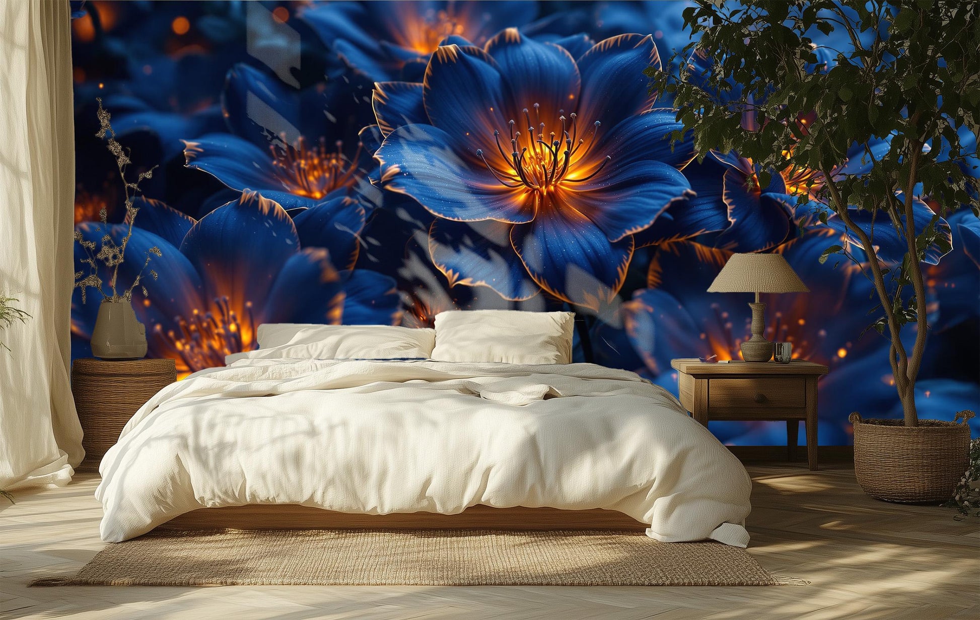 Luxury Flower Deep Blue Floral Wallpaper – scale reference, Golden Era Walls