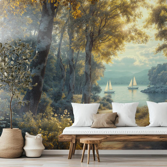 Golden Woodland Serene Landscape Wallpaper – room setting, Golden Era Walls