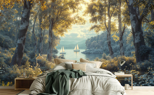 Golden Woodland Serene Landscape Wallpaper – peel and stick wallpaper mural, Golden Era Walls