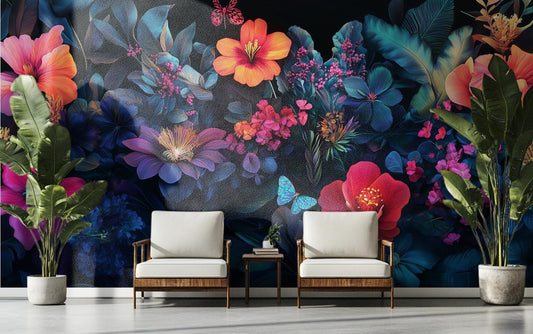 Midnight Floral Vibrant Tropical Floral Wallpaper – lifestyle view, Golden Era Walls