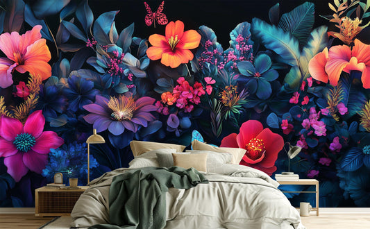 Midnight Floral Vibrant Tropical Floral Wallpaper – room setting, Golden Era Walls