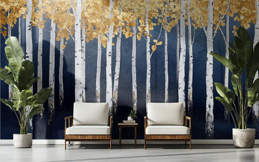 Abstract Golden Autumn Trees Geometric Wallpaper – lifestyle view, Golden Era Walls