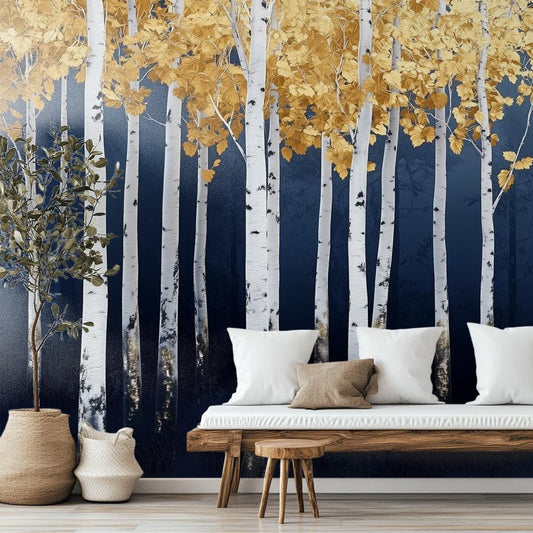 Abstract Golden Autumn Trees Geometric Wallpaper – room setting, Golden Era Walls