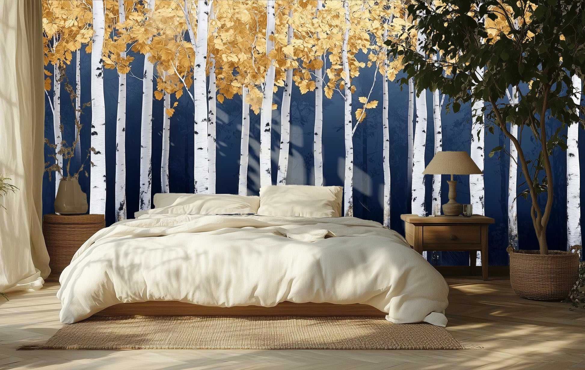 Abstract Golden Autumn Trees Geometric Wallpaper – scale reference, Golden Era Walls