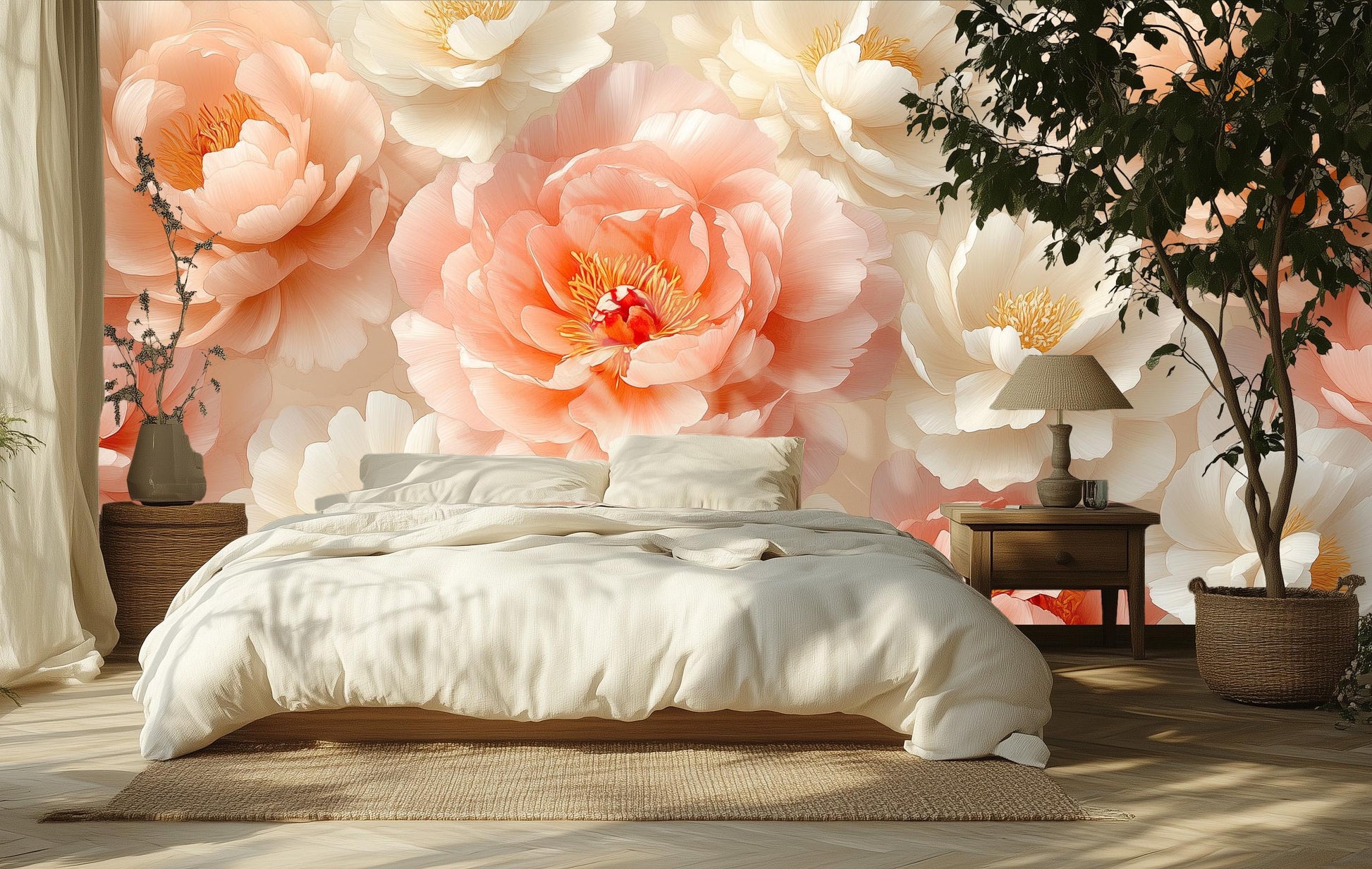 Blush Peach Peony Floral Floral Wallpaper – scale reference, Golden Era Walls