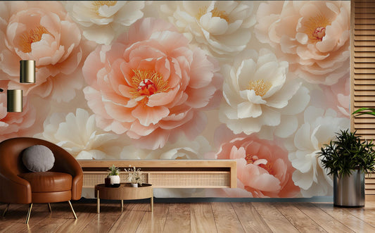 Blush Peach Peony Floral Floral Wallpaper – detail view, Golden Era Walls