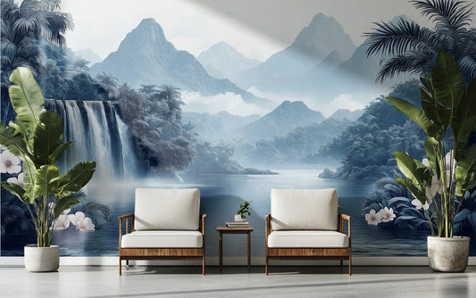 Chinoiserie Jungle Elegant Blue Tropical Wallpaper – room setting, Golden Era Walls