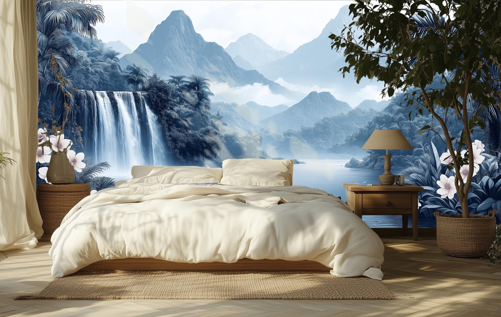 Chinoiserie Jungle Elegant Blue Tropical Wallpaper – scale reference, Golden Era Walls