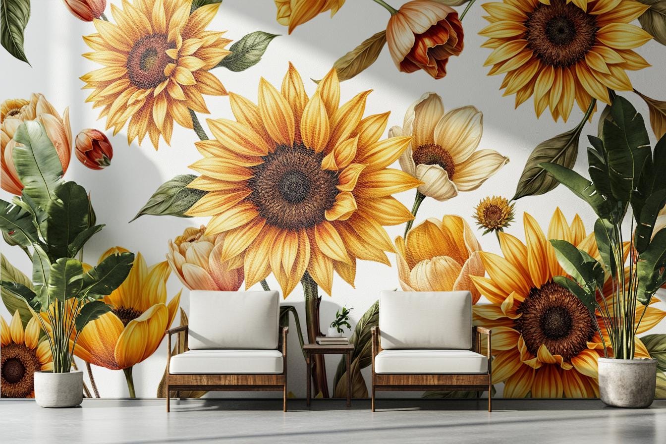 Sunflower Floral Yellow Flowers Floral Wallpaper – peel and stick wallpaper mural, Golden Era Walls