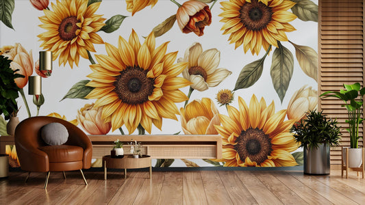Sunflower Floral Yellow Flowers Floral Wallpaper – lifestyle view, Golden Era Walls