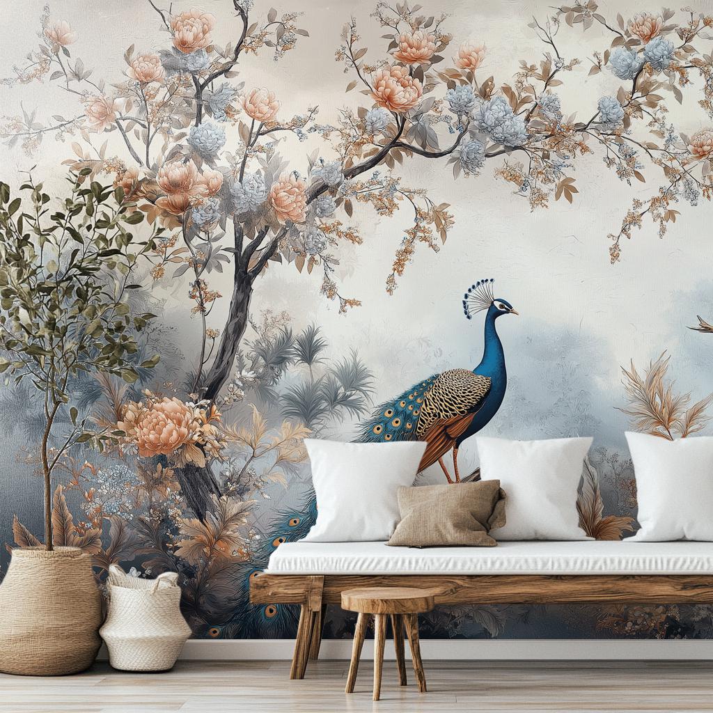 Elegant Peacock Chinoiserie Bird Floral Wallpaper – scale reference, Golden Era Walls