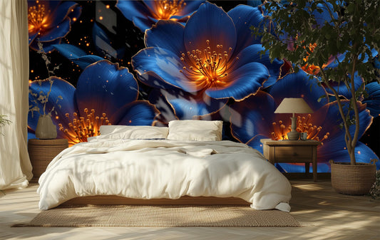 Luxury Floral Glowing Blue Floral Wallpaper – lifestyle view, Golden Era Walls