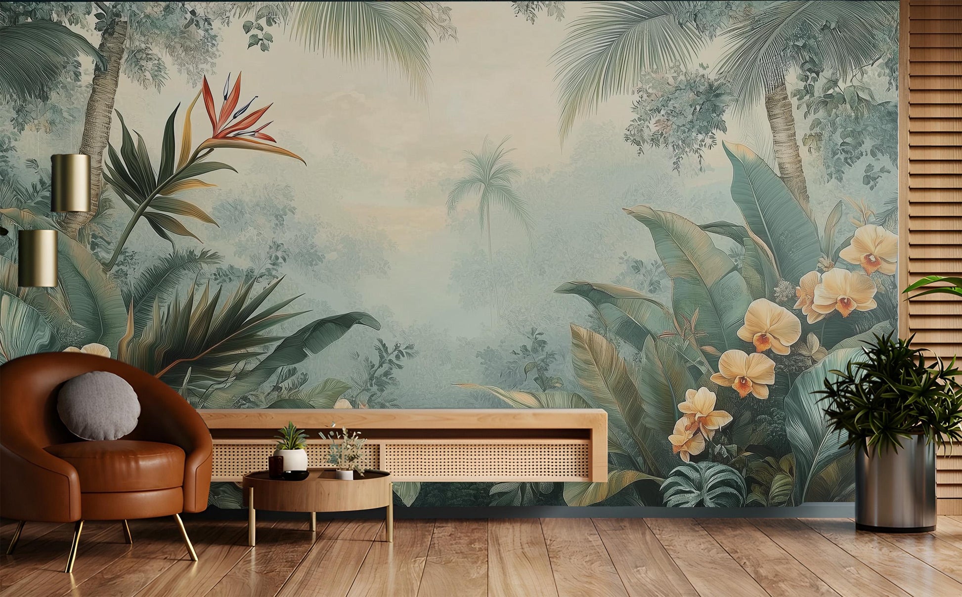 Vintage Tropical Botanical Jungle Floral Wallpaper – scale reference, Golden Era Walls