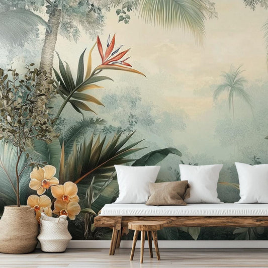 Vintage Tropical Botanical Jungle Floral Wallpaper – detail view, Golden Era Walls