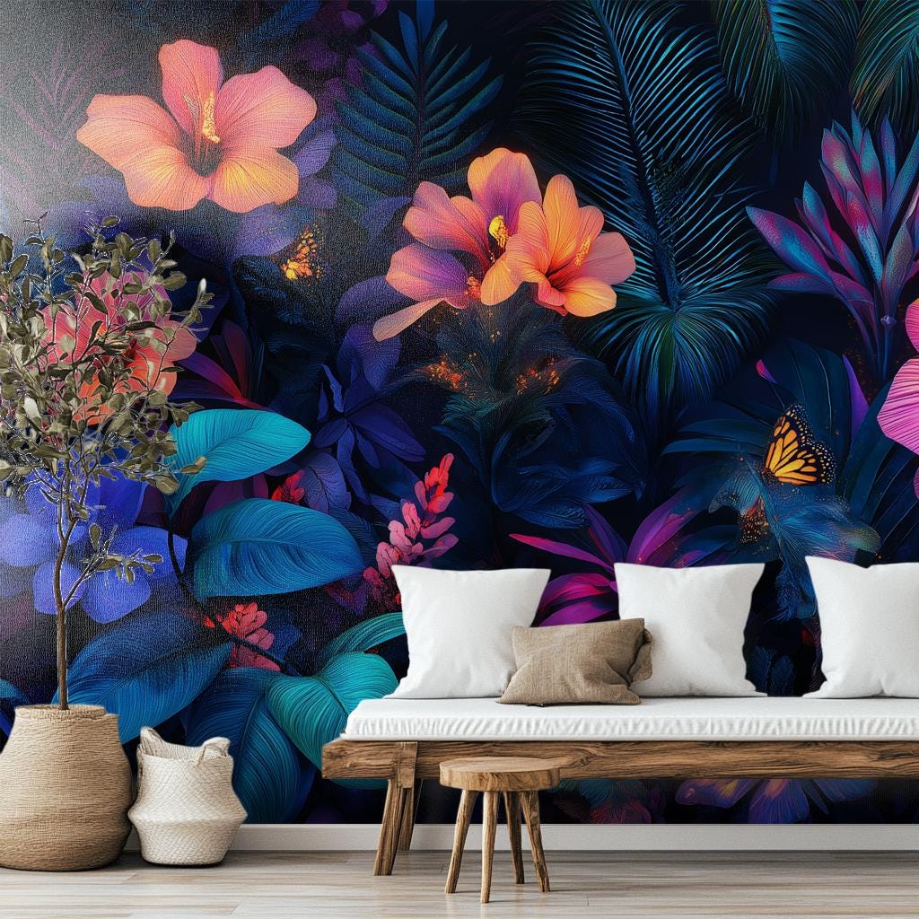 Dark Floral Exotic Midnight Floral Wallpaper – scale reference, Golden Era Walls