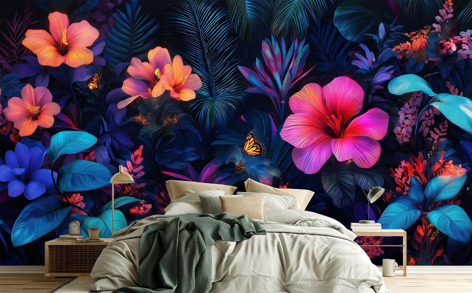 Dark Floral Exotic Midnight Floral Wallpaper – room setting, Golden Era Walls